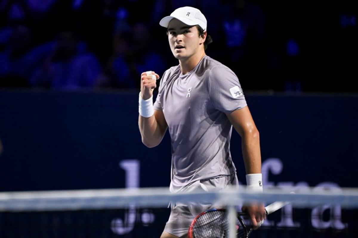 Brazil's Joao Fonseca reacts after a point during his men's semi final match against Spain's Jaume Munar at the Swiss Indoors ATP 500 tennis tournament in Basel on October 25, 2025. Fabrice COFFRINI / AFP